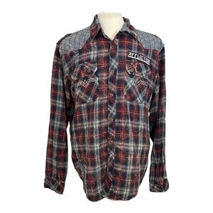Affliction Motors Black Premium Shirt Men 2XL Burgundy Buttons Plaid Biker Rock
